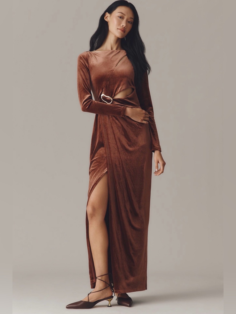 Avec Les Filles Long-Sleeve Cutout Velvet Maxi Dress Brown